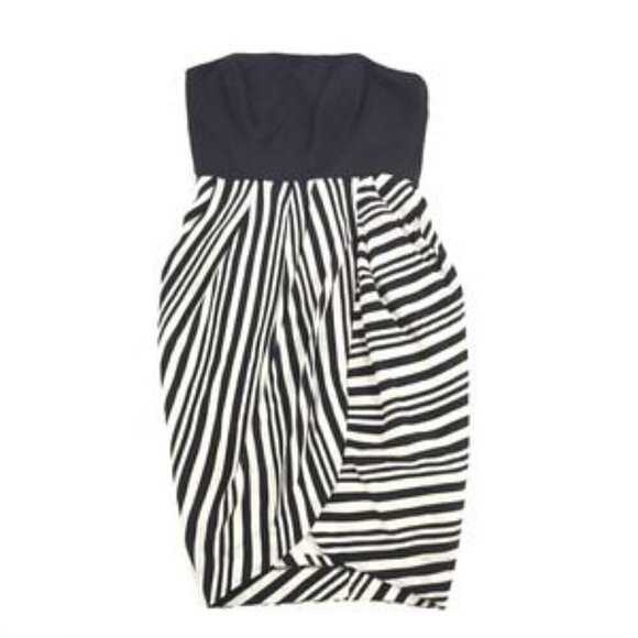 Shoshanna Strapless Draped Tulip Striped Black/White Mini Cocktail Dress Size 6 - Picture 2 of 12